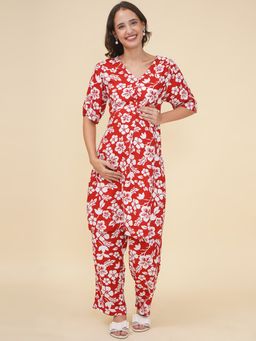 Mine4Nine - Red Floral Printed Rayon Maternity Kurta with Pant (Set of 2)