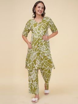 Mine4Nine - Olive Floral Printed Rayon Maternity Kurta with Pant (Set of 2)