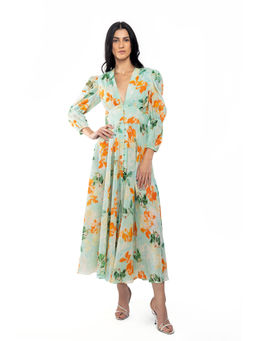 MANDIRA WIRK - Cotton Lurex Printed Flaired Dress Blue