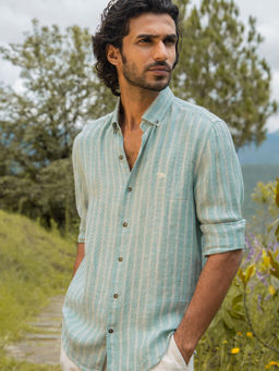 Andamen - Regular Fit Green Striped Casual Shirt