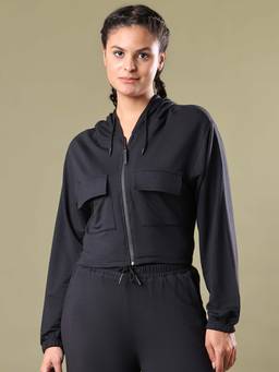 Aesthetic Bodies - Black Zipper Hooded Patch Pocket Sweatshirt