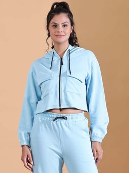 Aesthetic Bodies - Blue Zipper Hooded Patch Pocket Sweatshirt