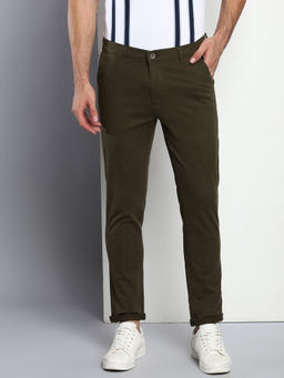 Dennis Lingo - Men Solid Cotton Mid Rise Tapered Fit Olive Trouser