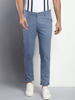 Dennis Lingo - Men Solid Cotton Mid Rise Tapered Fit Blue Trouser