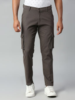 Dennis Lingo - Men Solid Cotton Mid Rise Tapered Fit Grey Cargo