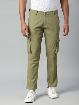 Dennis Lingo - Men Solid Cotton Mid Rise Tapered Fit Olive Cargo