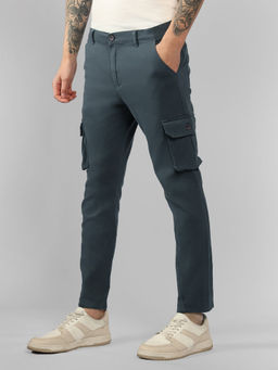 Dennis Lingo - Men Solid Cotton Mid Rise Tapered Fit Grey Cargo