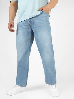 Urbano Plus - Mens Light Blue Regular Fit Washed Jeans Stretchable