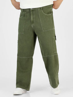 Urbano Plus - Mens Olive Green Loose Baggy Fit Washed Cargo Jeans With 6 Pockets Non-Stretchable