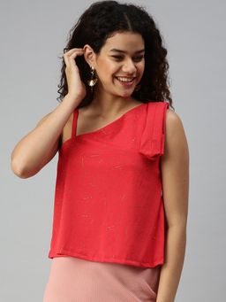 SHOWOFFFF - Women One Shoulder Sleeveless Embellished Red Top