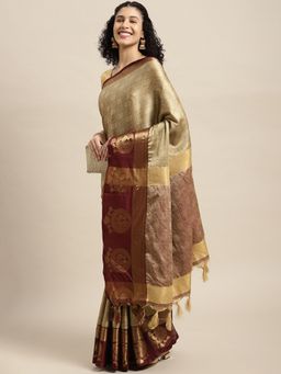 Vastranand - Beige Woven Design Banarasi Saree with Unstitched Blouse