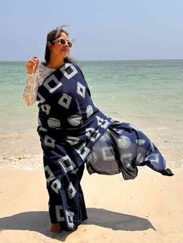 Sundarii - Shores Navy Blue Mul Cotton Saree with Unstitched Blouse