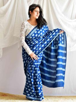 Sundarii - Rubaab Blue Mul Cotton Saree with Unstitched Blouse