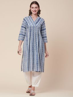 FASHOR - Ethnic Stripes Printed Kurta With Salwar - Blue (Set of 2)