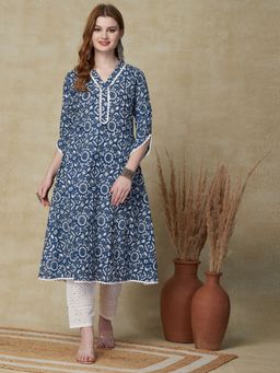 FASHOR - Ethnic Printed Kurta With Pant - Blue (Set of 2)