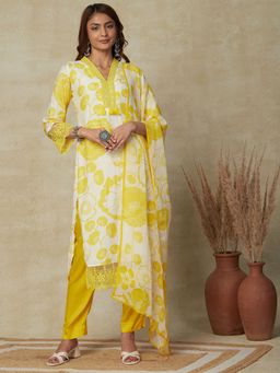 FASHOR - Floral Printed Kurta With Pants And Dupatta - Yellow (Set of 3)