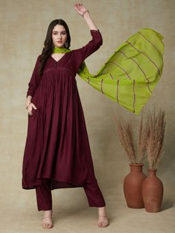 FASHOR - Solid Kurta With Pant With Dupatta - Magenta (Set of 3)