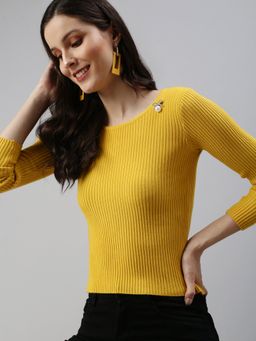 SHOWOFFFF - Women's Solid Fitted Mustard Round Neck Top