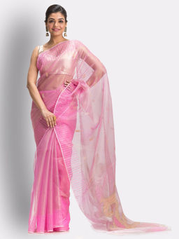 Angoshobha - Pink Art Silk Muslin Handloom Jamdani Saree with Unstitched Blouse