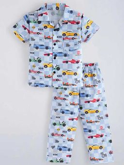 Hopscotch - Blue Vehicle Printed Collared Cotton Shirt And Pyjama