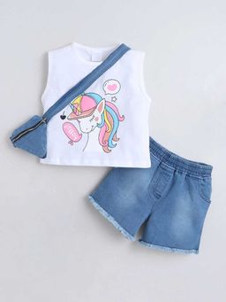 Hopscotch - Unicorn Printed Top And Shorts With Bag