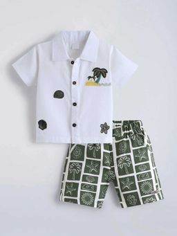 Hopscotch - Palm Tree Applique Cotton Shirt And Shorts