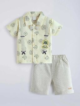Hopscotch - Yellow Lion Applique Cotton Shirt And Shorts