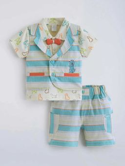 Hopscotch - Blue Striped Puppy Bow Applique Cotton 3 Piece Formal Set