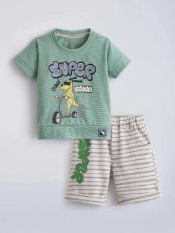 Hopscotch - Green Cotton Striped Shirt And Shorts