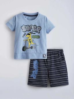 Hopscotch - Blue Cotton Striped Shirt And Shorts