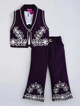Hopscotch - Floral Applique Embroidery Top Waistcoat And Pant