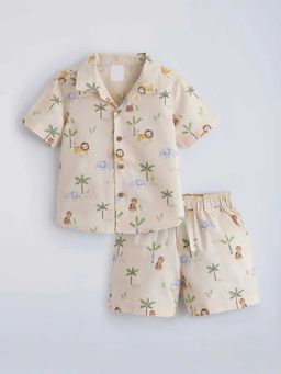 Hopscotch - Beige Cotton All Over Print Shirt And Shorts