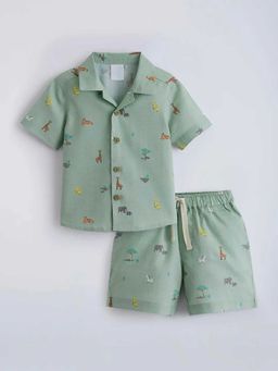 Hopscotch - Olive Cotton Animal Shirt And Shorts