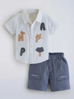 Hopscotch - White Chenille Textured Cotton Shirt And Shorts