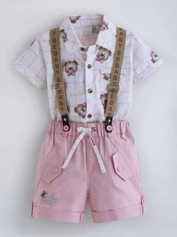 Hopscotch - Pink Teddy Printed Cotton Shirt And Short With Suspender