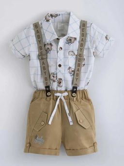 Hopscotch - Beige Teddy Printed Cotton Shirt And Short With Suspender