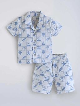 Hopscotch - White Checkered Beach Cotton Shirt And Shorts