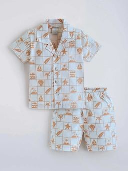 Hopscotch - White Checkered Beach Cotton Shirt And Shorts