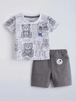 Hopscotch - Grey Teddy Bear Printed T-Shirt And Shorts