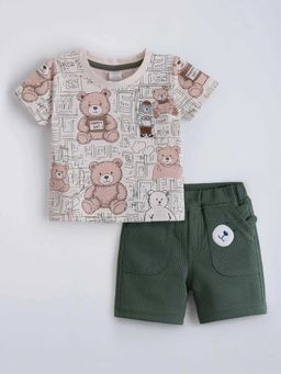 Hopscotch - Green Teddy Bear Printed T-Shirt And Shorts