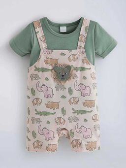 Hopscotch - Green Lion Applique T-Shirt And Dungaree