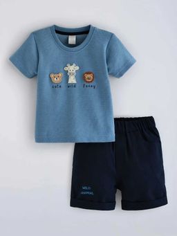 Hopscotch - Blue Animal Embroidery Cotton T-Shirt And Shorts