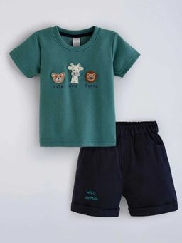 Hopscotch - Green Animal Embroidery Cotton T-Shirt And Shorts