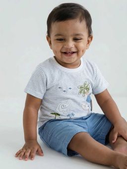 Hopscotch - Blue Elephant Embroidery Cotton T-Shirt And Shorts