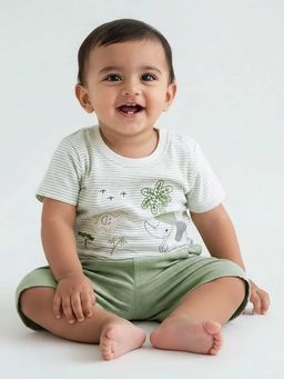 Hopscotch - Green Elephant Embroidery Cotton T-Shirt And Shorts