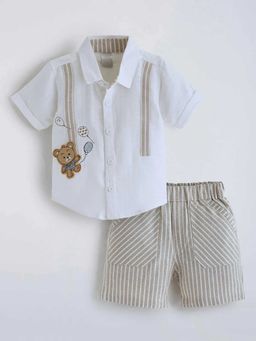 Hopscotch - White Teddy Striped Shirt And Shorts
