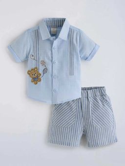 Hopscotch - Blue Teddy Striped Shirt And Shorts