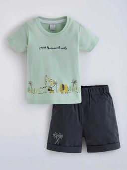 Hopscotch - Green Animal World Cotton T-Shirt And Shorts