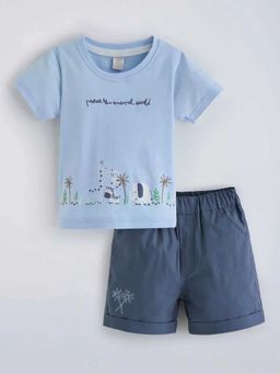 Hopscotch - Blue Animal World Cotton T-Shirt And Shorts