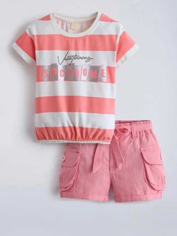 Hopscotch - Coral Striped Elasticated T-Shirt And Shorts With Belt